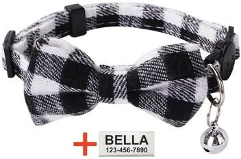 Uplift Treasures Personalized Plaid Nylon Cat Collar With Bell black Bowtie