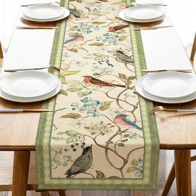 Modern Mode Marketplace Elegant Vintage Linen Table Runner With Floral & Bird Design Farmhouse Table Decor b 78.7x13inch