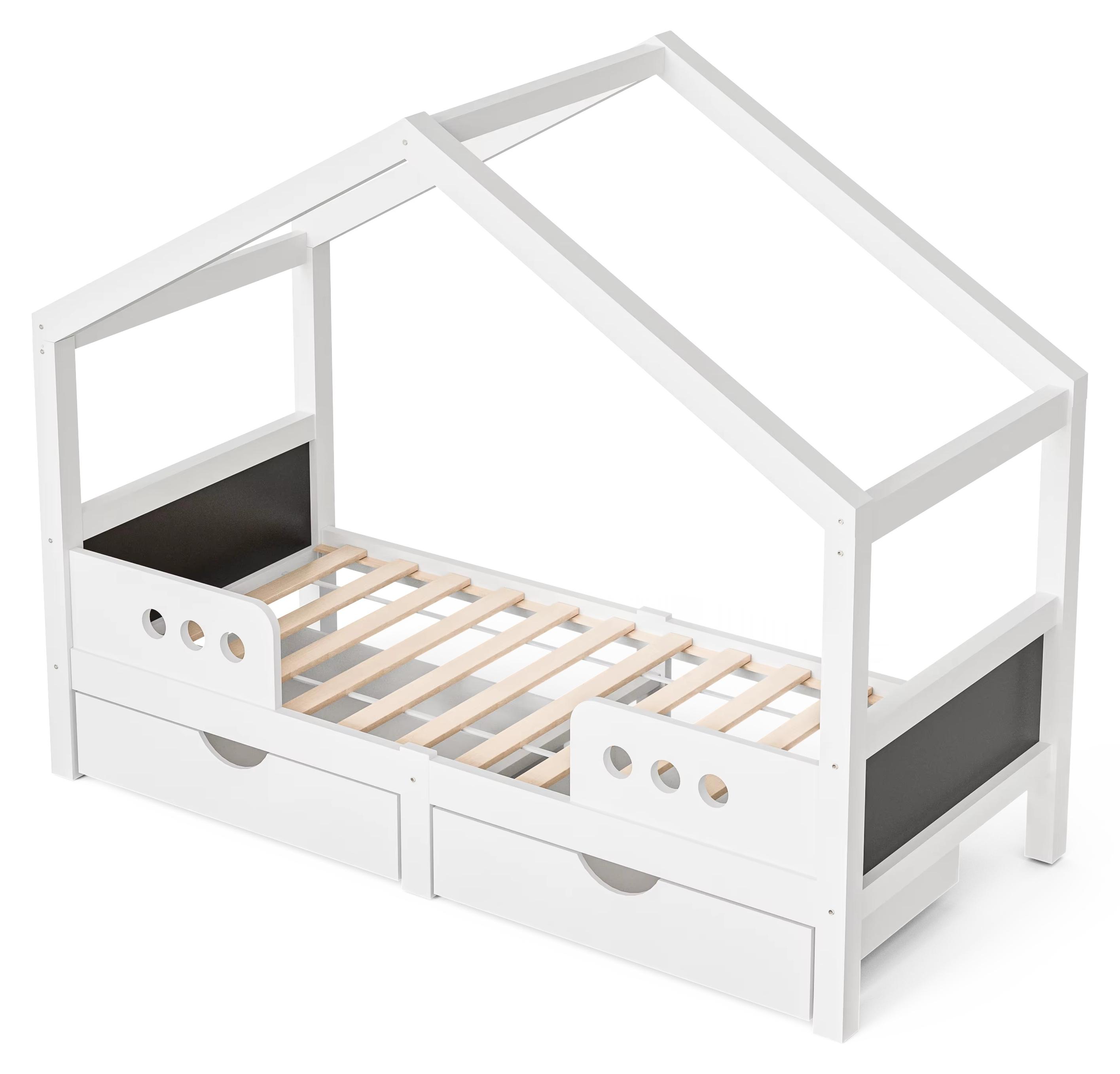 Kinderbett - Hausbett mit Dach - 90 x 200 cm - 2 große Schubladen - Stabiler MDF-Holzrahmen - Weiß - Geruchsarme UV-Lackierung