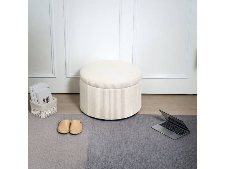HOMCOM Pouf Rond Velours Beige Coffre Rangement Ø60 cm