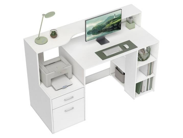 Bureau informatique – Avec 2 tiroirs et étagères – Pour bureau à domicile – 137x55x92cm Blanc