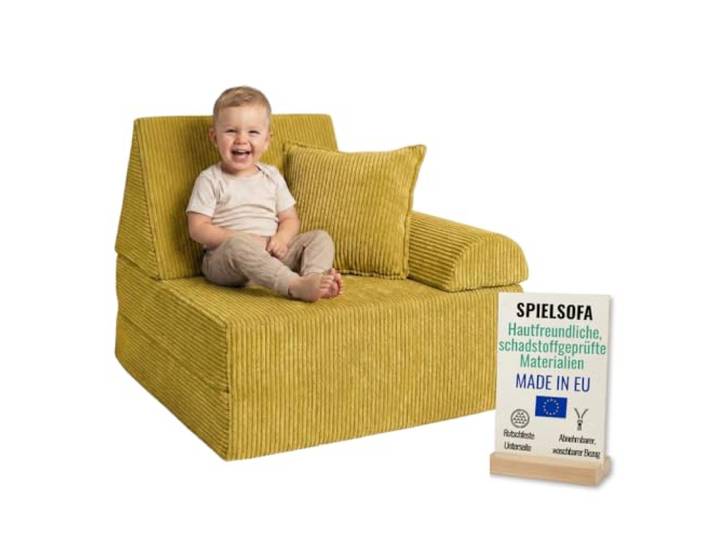 Pillows24 Kindersessel & Spielsofa fur Kinder Cord mit abnehmbaren Bezügen Waschbare Bezüge, Weiches Kindersofa, Bequeme Kinder Couch, Ergonomisches Spielsofa für Kinderzimmer, Gelb