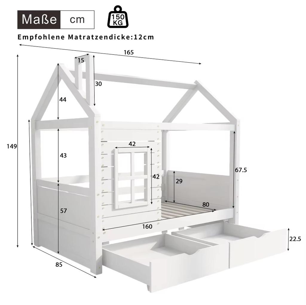 Kinderbett - Jugendbett - 80 x 160 cm - Rausfallschutz - Kiefernholz - Fenster - Lattenrost - Weiß