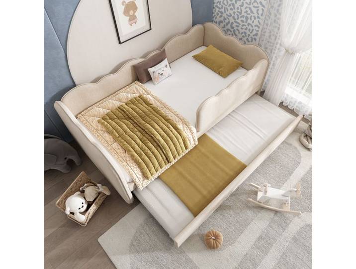 Canapé-lit 90x190 cm - Avec lit gigogne 90x190 cm - Décoration de vagues - Sommier à lattes - Velours - Beige (sans matelas)