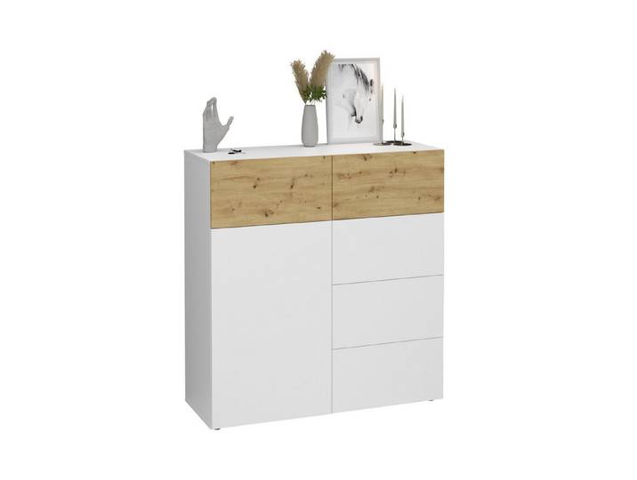 FMD Möbel Kommode in Brillantweiß-Artisan Eiche - 109x115x42cm (BxHxT)