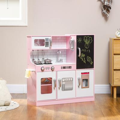 Homcom Qaba Kids Play Kitchen Set with Phone, Chalkboard, Ice Maker, Microwave, Sink, Storage, Accessories, Pink