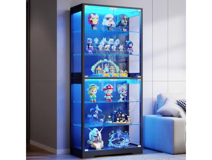 BROTTAR Vitrine mit Glastür, 6-stufige 180cm Vitrine mit 3 Farblichten für Sammlerstücke, Vitrine mit verstellbaren Glasträgern, Körperkensorsensor, Aufbewahrungsschränke, Schwarz