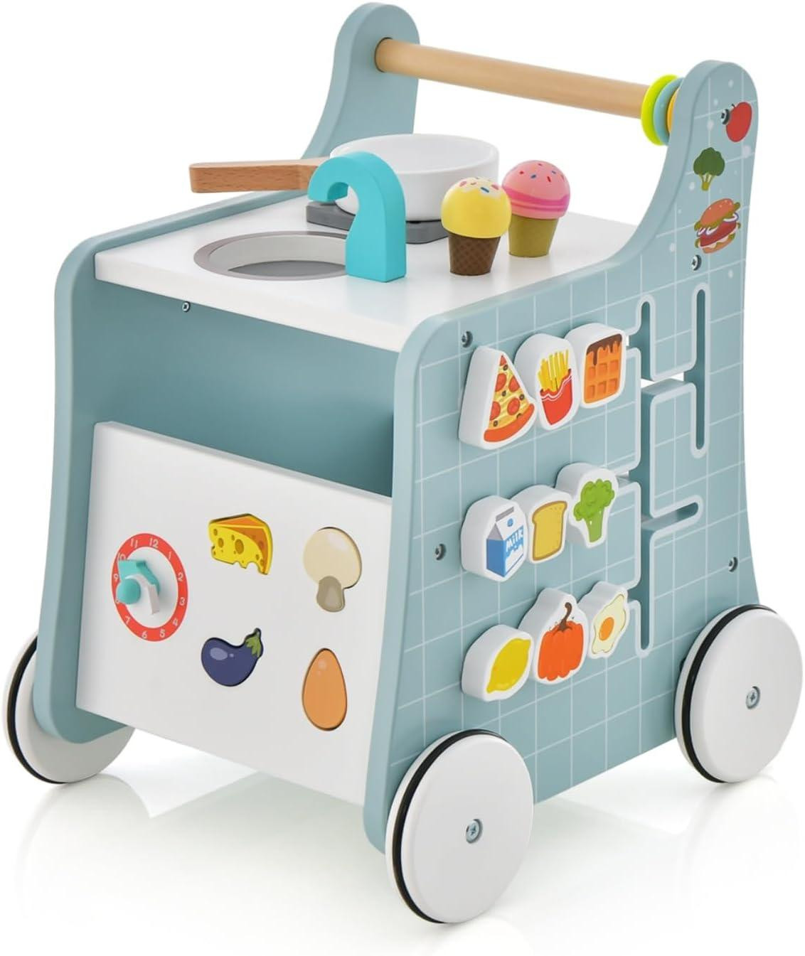 Blauwe houten 6-in-1 loopwagen met speelkeuken, vormaanpassingen en leerhorloge voor kinderen vanaf 12 maanden