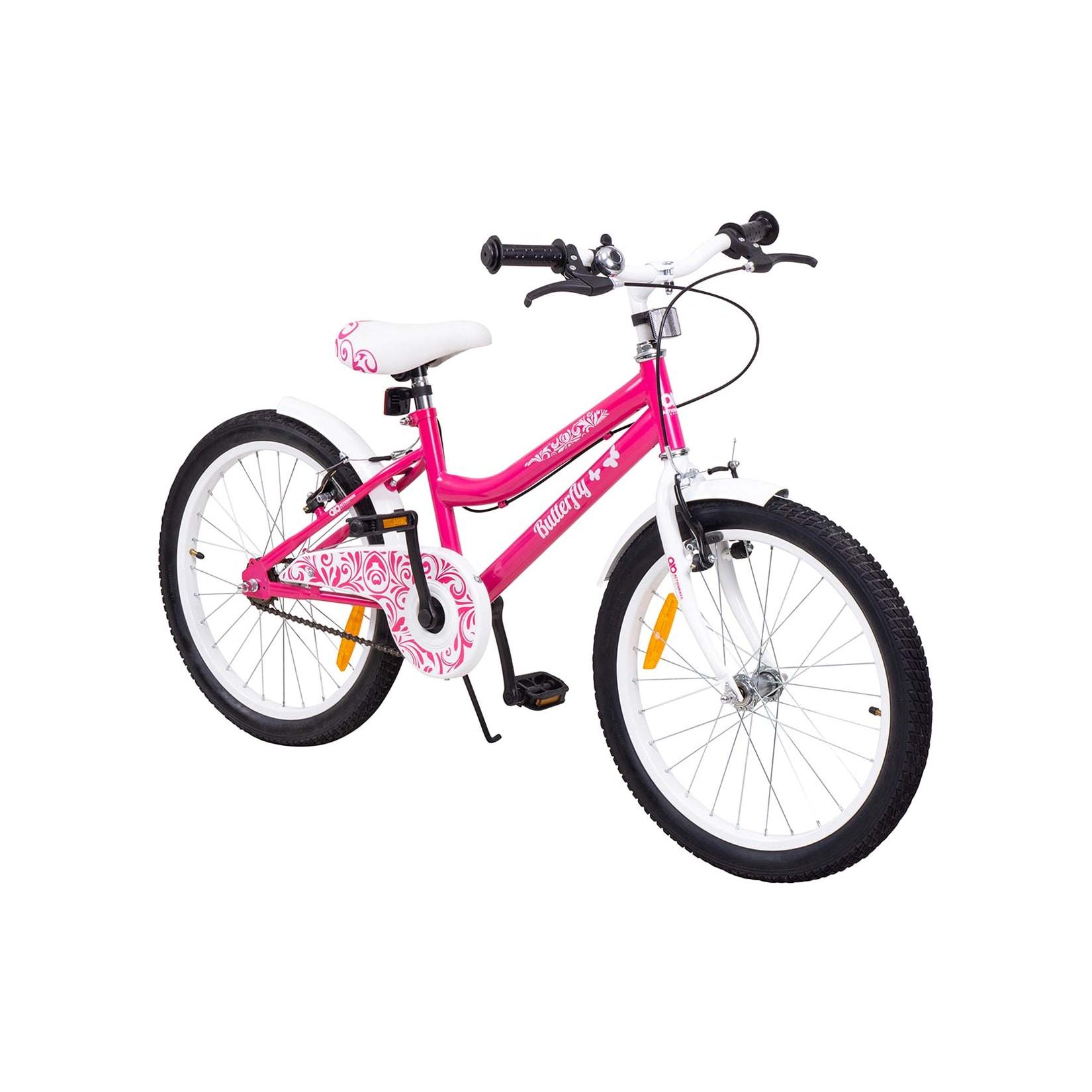 Actionbikes Kinderfahrrad Butterfly 20 Zoll, Pink, Fahrradständer, Kettenschutz, Antirutschgriffel (Pink/Weiß)