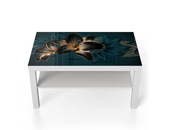 DEQORI Glastisch weiß groß 90x50 cm Motiv Hochwertige Liliengrafik ausgefallener Beistelltisch aus Glas Hochglanz Couchtisch fürs Wohnzimmer moderner Couch Tisch mit Design