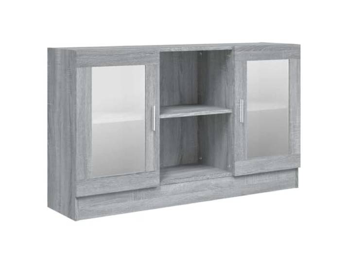 Fisinber Vitrinenschrank Grau Sonoma 120x30,5x70 cm Sideboard Glas Vielseitiges Highboard mit Glastüren für Wohnzimmer und Flur, bietet übersichtlichen Stauraum auf robuster Stellfläche.