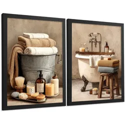 POSTER 2er-Set dekorative Badezimmerdrucke, rustikaler Stil, Vintage-Spa-Bilder mit Handtüchern und Badewanne,, Wohndekoration Schwarzer Rahmen A4