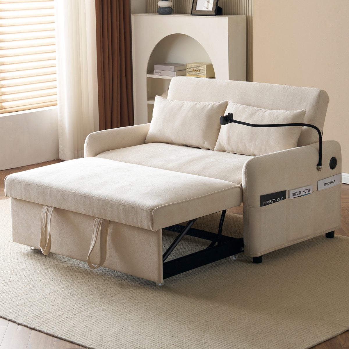 Merax Moderne opvouwbare slaapbank met verstelbare rugleuning en USB-oplaadaansluiting - Beige