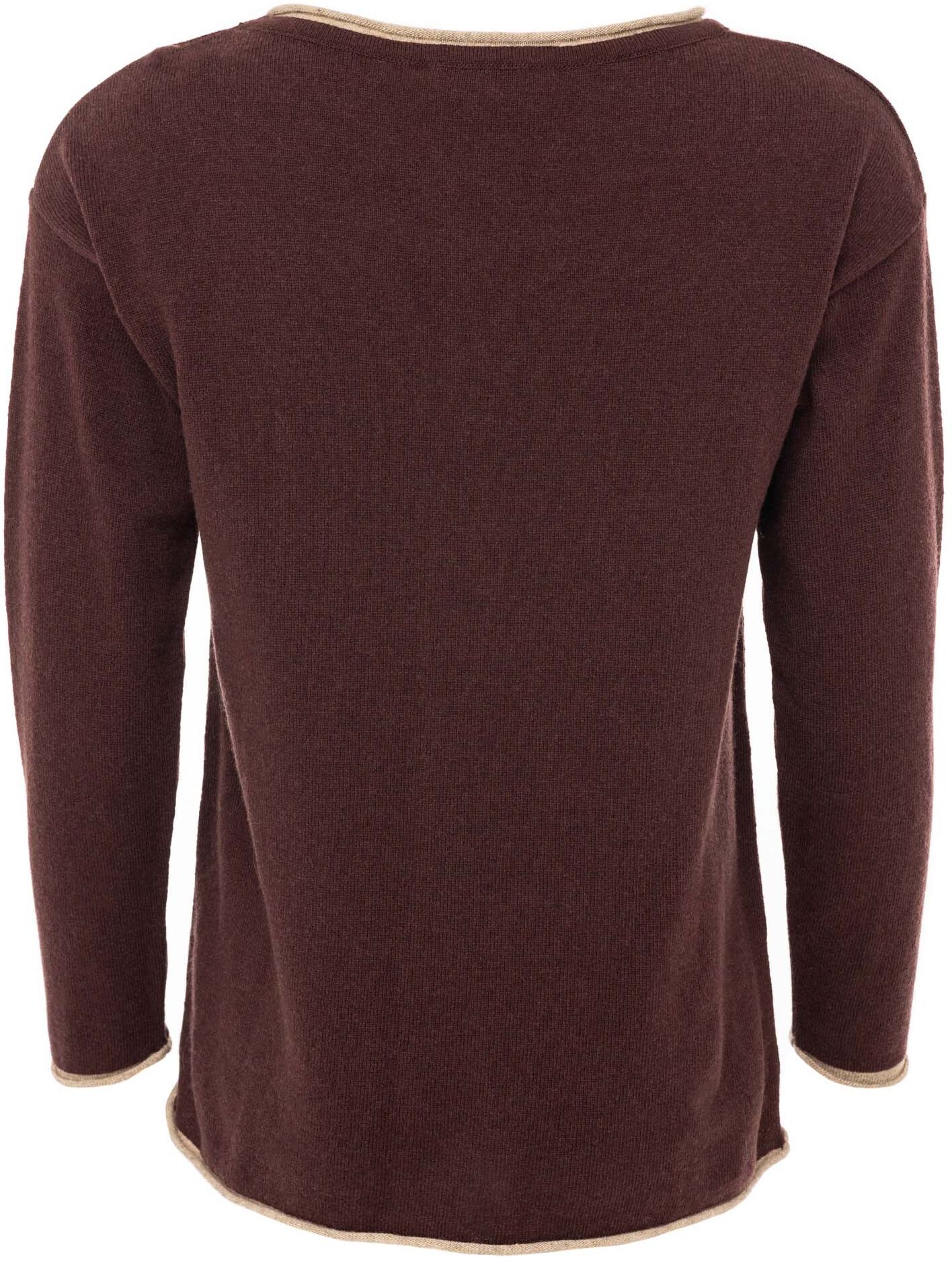 Rundhalspullover ZWILLINGSHERZ "Happy Face", Damen, Gr. S, braun, Strick, Obermaterial: 40% Wolle, 30% Viskose, 25% Polyamid, 5% Kaschmir, mehrfarbig, hüftbedeckend, Rundhals, Rollkante, Pullover Rundhalspullover, Stickerei, aufgerollte kontrastfarbige Bü