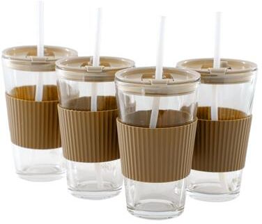 Mr. Coffee Sip Savvy 4 Piece 15 Ounce Silicone Sleeve Glass Cup Set w/ Lid and Straw in Brown