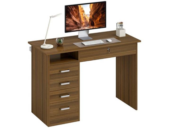 Bureau informatique - HOMCOM - 5 tiroirs - étagère ouverte tiroir verrouillable - bois - 110 x 50 x 76 cm - noyer foncé