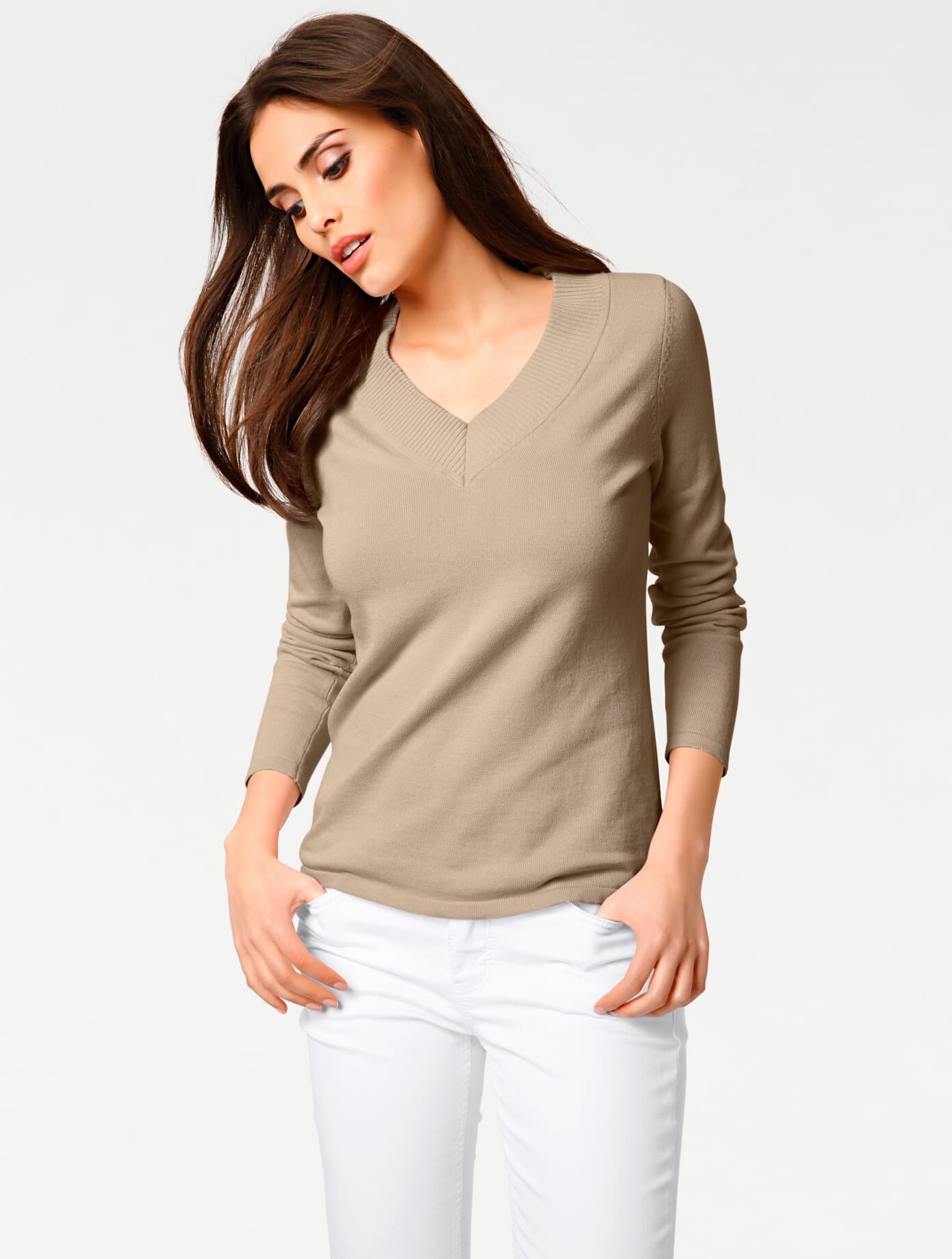 Strickpullover "V-Pullover", Damen, Gr. 48, beige, 100% Baumwolle, RICK CARDONA BY HEINE, unifarben, Pullover Strickpullover beige 48