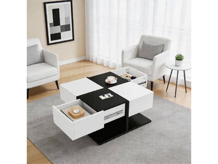 Table basse - Carrée 70×70×35 5 cm - 2 tiroirs - Finition brillante - Noir/Blanc