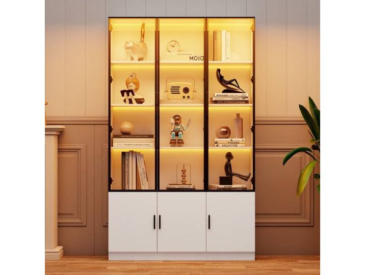 Vitrine sur pied avec 6 portes D'armoire Armoire haute Vitrine en verre avec LED Armoire de salon multifonction Blanc 120x32x200cm