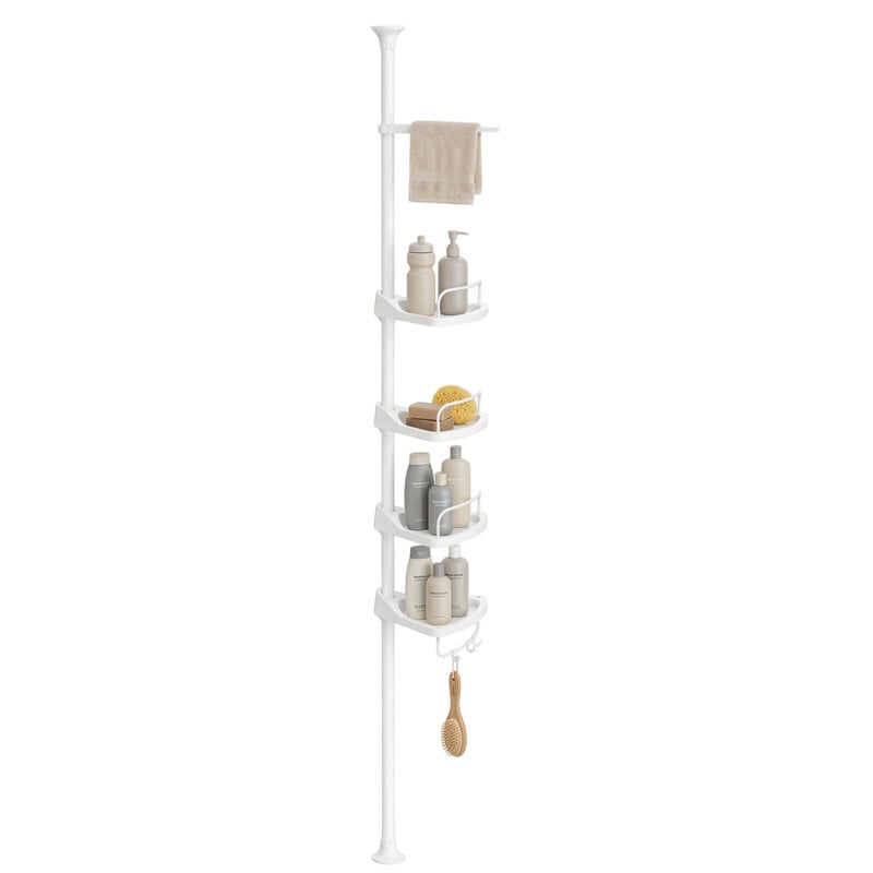 JOYFURNOS Badkamer opbergrek, verstelbaar 4-laags hoekrek voor de douche, wit