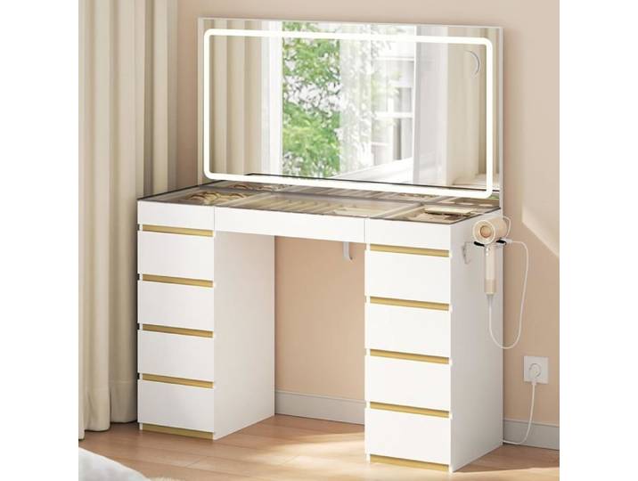 Coiffeuse avec Miroir LED - WOLTU - Plateau transparent - Grand miroir - Station de Charge - Blanc+Doré