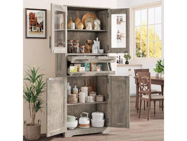 JustSmart Schmaler Flur-Aufbewahrungsschrank 170 cm, freistehend – Türen & Klapp-Glasfach – verstellbare Einlegeböden, MDF feuchtigkeitsresistent – für Flur/Bad/Küche – Grau, Double Row