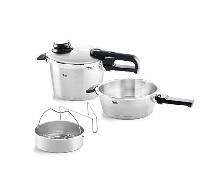 Fissler, Vitavit Premium Schnellkochtopf-Set 4-teilig (4,5 + 2,5 L, Ø 22 cm), Metalldeckel & Einsatz, 4 Garstufen, Induktion, Made in Germany