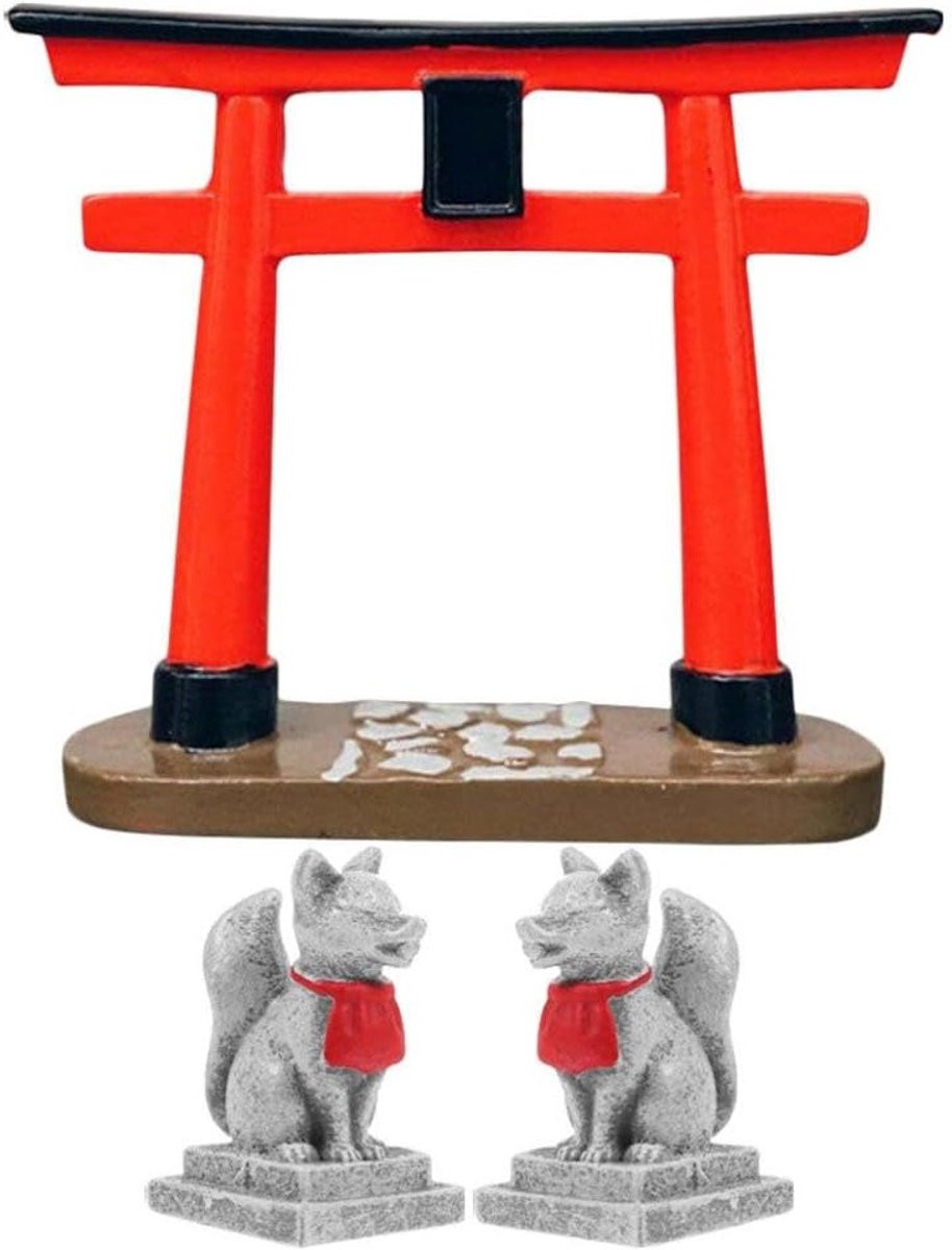 Allecto Plus Rode Japanse Torii-poort miniatuur met vos figuur voor huisaltaar en zen tuin