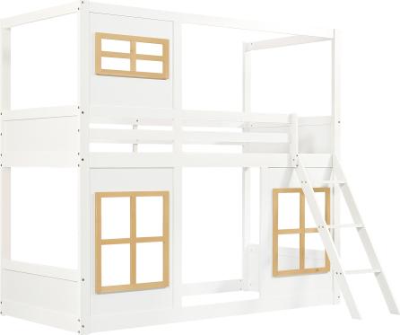 Etagenbett 90x200cm ohne Matratze Kinderbett mit schoenen Fenstern stabile Trittleiter vierseitige Umzaeunung Kiefer MDF Sperrholz Weiss Naturbelassen
