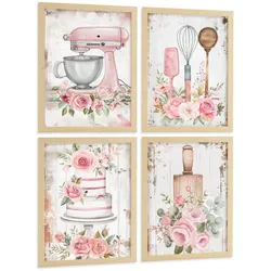 POSTER 4er Set Rosa Backkunst Wandbilder Küchenmaschine Torte Utensilien Blumen Shabby Chic Küche Deko Rahmenlos A4
