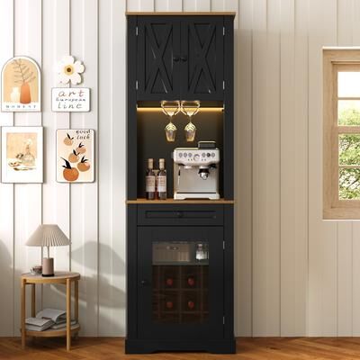GREATPLANINC Tall Bar Cabinet with LED Lights, Wine Glasses Rack and Power Outlets