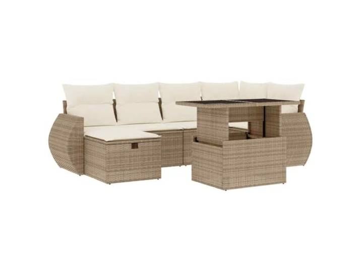 KTHLBRH Gartenmöbel-Set 7-teilig mit Kissen beige aus Polyrattan Ecksofa, beige, PE-Rattan und lackierter Stahl, verstellbare Tischplatte aus gehärtetem Glas, abnehmbare Kissen, Design