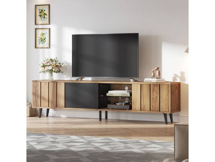 Meuble TV 3 portes bois naturel et finitions noires 175 x 31 5 x 45 cm