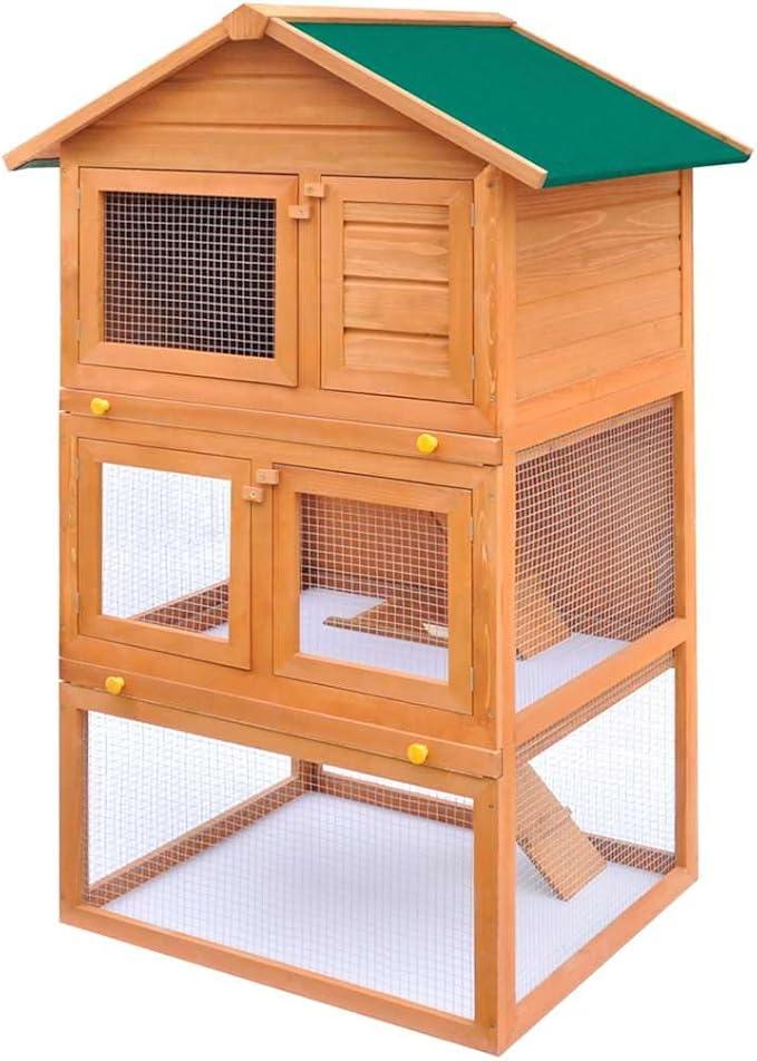 Kaninchenstall Kleintierhaus Hasenstall 3 Ebenen Holz mit wasserfestem Dach, pulverbeschichtetem Gitter, rutschfesten Leitern, Schubfächern, 80x71x160 cm