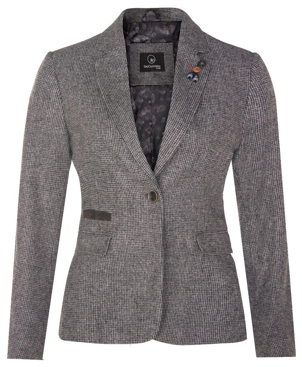 Damen-Blazer aus Tweed im 1920er-Jahre-Stil mit Fischgrätenmuster in Grau