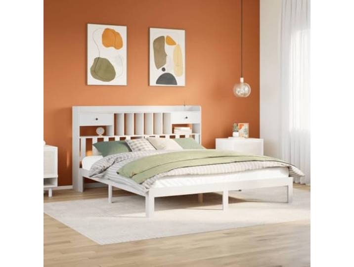 RJPLMFV Bücherbett, massives Kiefernholz, Weiß, 180 x 200 cm Ohne Matratze, Lattenrost inklusive, Aufbewahrung für Bücher, ersetzt Nachttisch