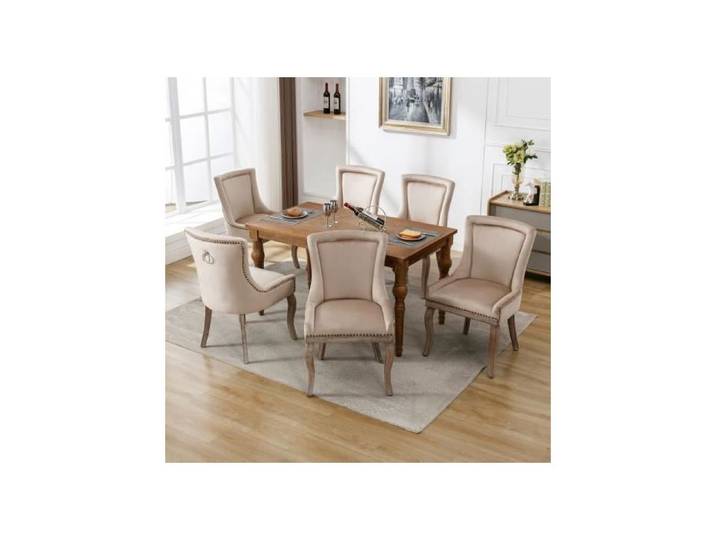 Chaises de salon - Luxueuse - Rembourre - Velours beige - Lot de 6 - Bois massif