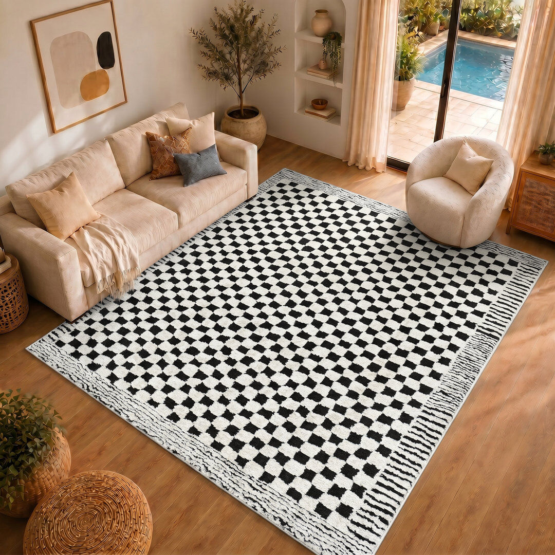 Livabliss Freud Checkered Area Rug Ivory;Black Rectangle 200 x 275cm