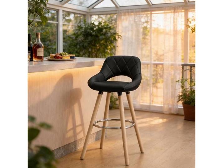 Tabouret de bar noir – Simili cuir dossier repose-pieds pieds en bois – intérieur