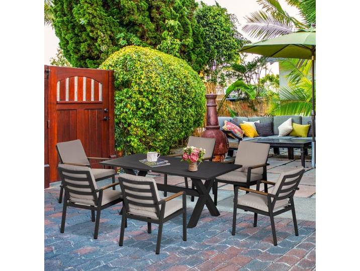 Mobilier de jardin pour 6 personnes : 1 table + 6 chaises résistant aux intempéries 175×92×73 cm noir et gris