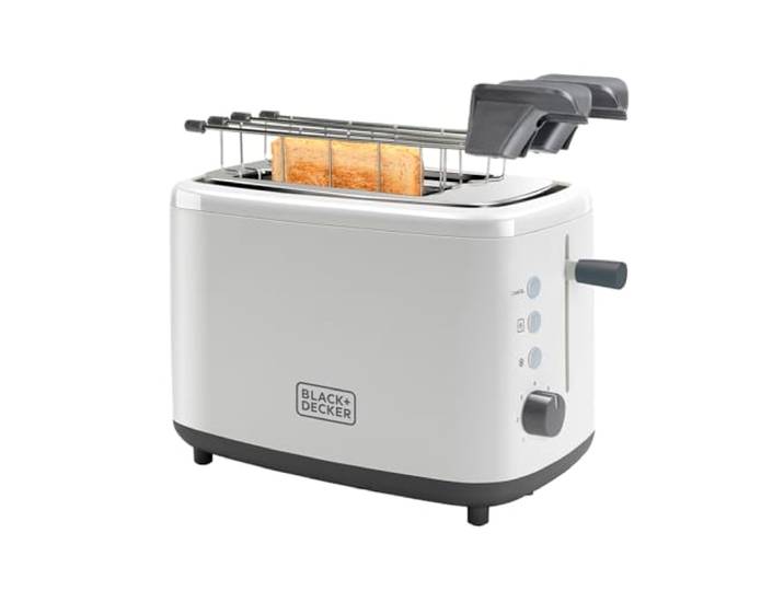 BLACK+DECKER - broodrooster + 820W 2 sleuven 7 bruiningsstanden ontdooien, opwarmen, annuleren 2 broodtangen voor alle broodsoorten uitneembare kruimellade wit