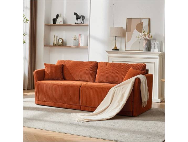 MEUBLIV Canapé convertible 2 places en velours côtelé orange style moderne minimaliste lit d'appoint multifonction