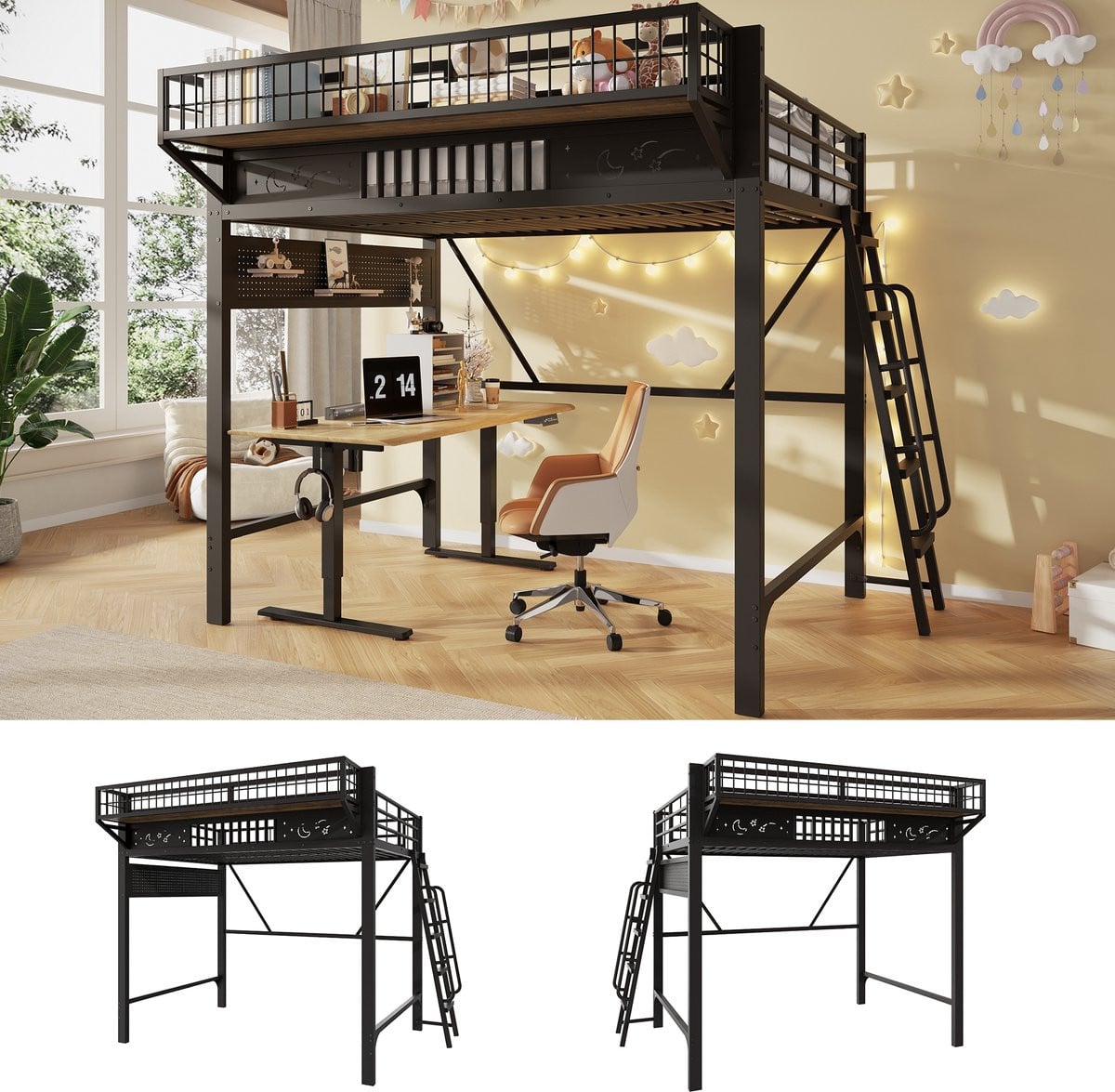 Zwart metalen kinderhoogbed met opbergkasten en open onderste verdieping, 140 x 200 cm