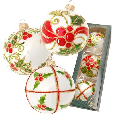 Weihnachtsbaumkugel KREBS GLAS LAUSCHA "Stechpalme, mundgeblasen und handbemalt", rot (weiß), Ø:8cm, Glas, Weihnachtsbaumkugeln, Weihnachtsbaumkugeln, Weihnachtsdeko, Christbaumschmuck, Christbaumkugeln aus Glas