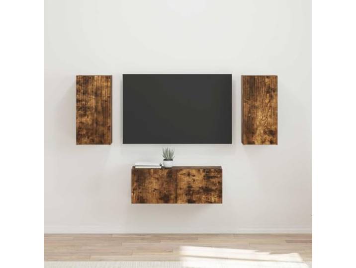 TV-Schrank Set 6-Piece Wandmontiert Geraeucherte Eiche Holzwerkstoff 5 Wandschraenke, grosszuegige Faecher, minimalistisch, skandinavisch, Wohnzimmer, Medienraum, einfache Montage