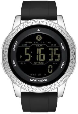 Everyday Crate NORTH EDGE APOLLO Outdoor Sports Watch 50M Waterproof Watch With Silicone Strap Pedometer black Silver