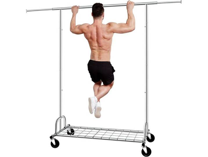 Portant à Vêtements Lourd 2 en 1 180x190 cm Charge 217 kg Réglable avec Roulettes et Étagères Métal Robuste