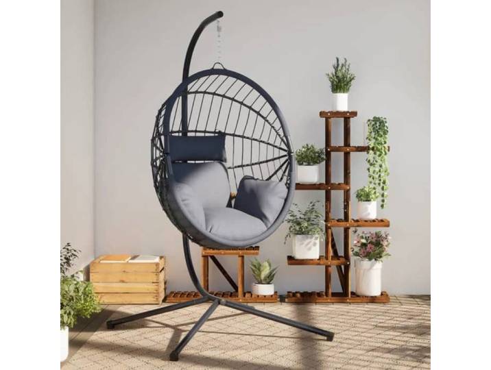 MEUBLE DE JARDIN - Chaise suspendue en forme d'œuf et support gris rotin et acier FR873