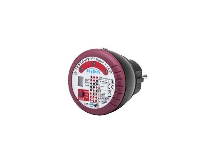 Testavit Schuki 1 LCD stopcontacttester met FI-test en vingercontact voor het controleren van de aardleidingaansluiting (LED-display, veilige toetsing), rood/zwart