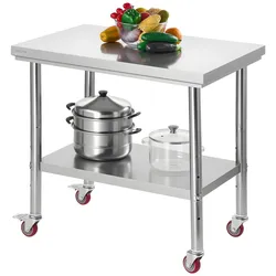 VEVOR Edelstahltisch Arbeitstisch Küchentisch (90 x 60 cm) zur Lebensmittelzubereitung mit Rädern, Zubereitungstisch mit verstellbaren Unterregal für Großküchen Restaurants Hotels Garagen Outdoor